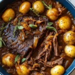 Apple Cider Pot Roast with Potatoes in rich cider gravy with herbs and onions, served in a blue dish for a cozy fall dinner.