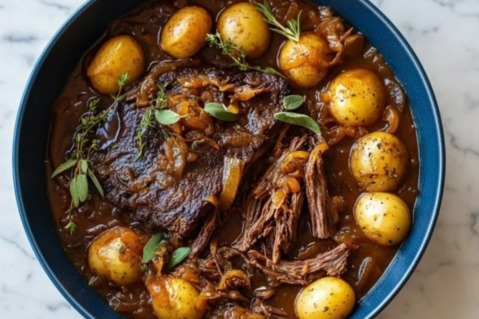 Apple Cider Pot Roast with Potatoes in rich cider gravy with herbs and onions, served in a blue dish for a cozy fall dinner.