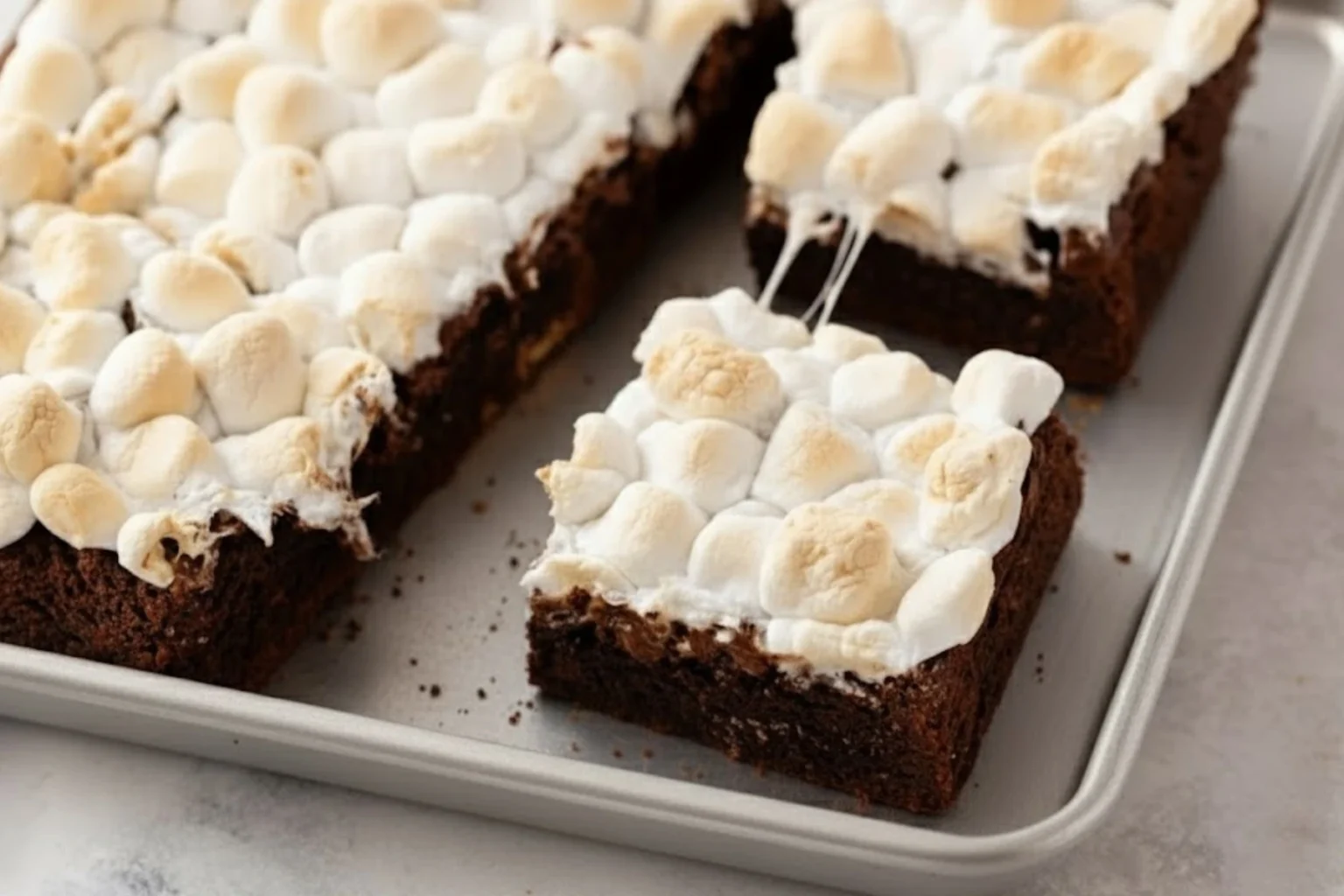 Easy S’mores Brownies topped with toasted mini marshmallows on a baking pan, showing rich chocolate layers and gooey texture.