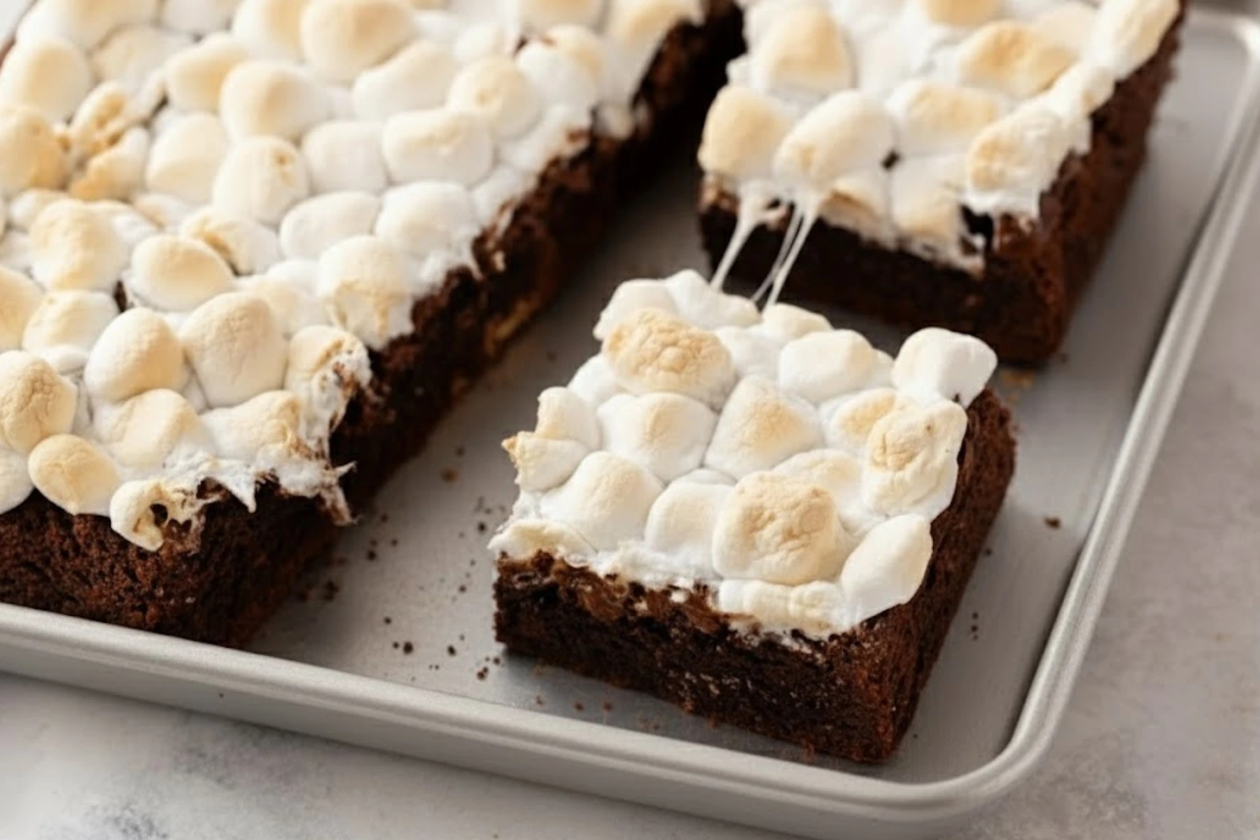 Easy S’mores Brownies topped with toasted mini marshmallows on a baking pan, showing rich chocolate layers and gooey texture.