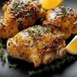 Maple Dijon Roasted Chicken Thighs on a black plate with lemon wedges and herbs, featuring golden crispy skin and a caramelized glaze.