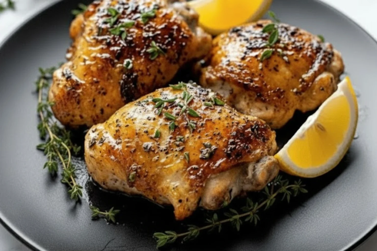 Maple Dijon Roasted Chicken Thighs on a black plate with lemon wedges and herbs, featuring golden crispy skin and a caramelized glaze.