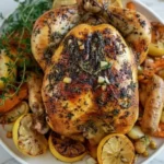 Slow Cooker Lemon Garlic Roast Chicken on a platter with herbs, roasted carrots, potatoes, and charred lemon slices.