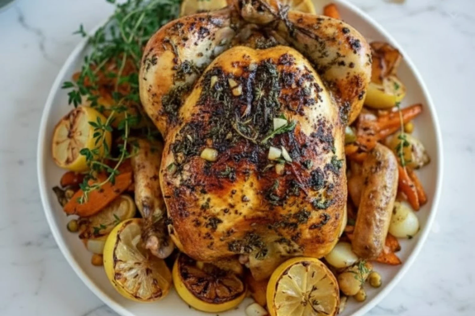 Slow Cooker Lemon Garlic Roast Chicken on a platter with herbs, roasted carrots, potatoes, and charred lemon slices.