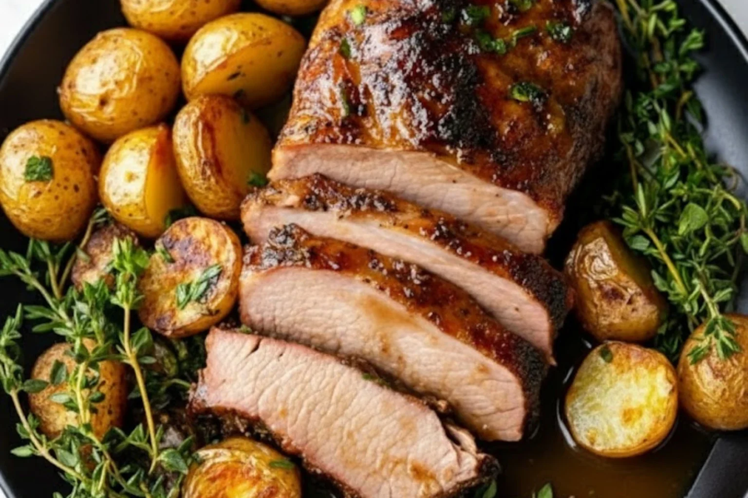 Slow cooker honey butter pork roast with golden potatoes and fresh herbs