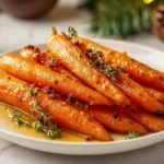 Honey-glazed roasted Christmas carrots garnished with fresh thyme on a white plate