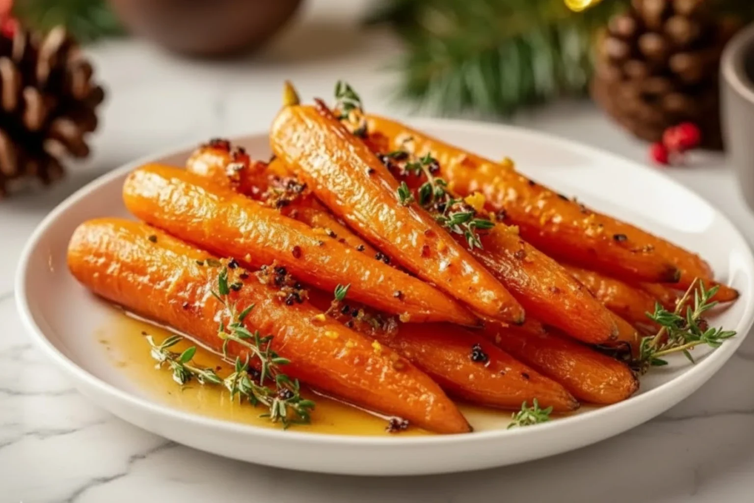 Honey-glazed roasted Christmas carrots garnished with fresh thyme on a white plate