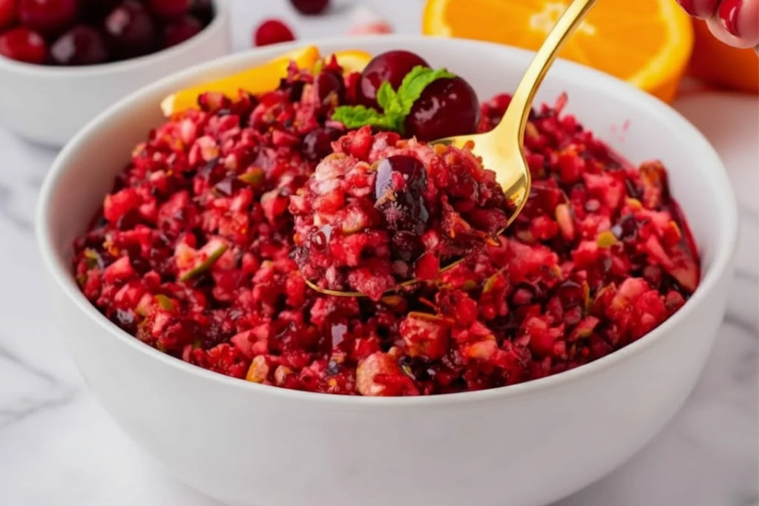 Fresh homemade cranberry relish with apples, oranges, and nuts served in a white bowl