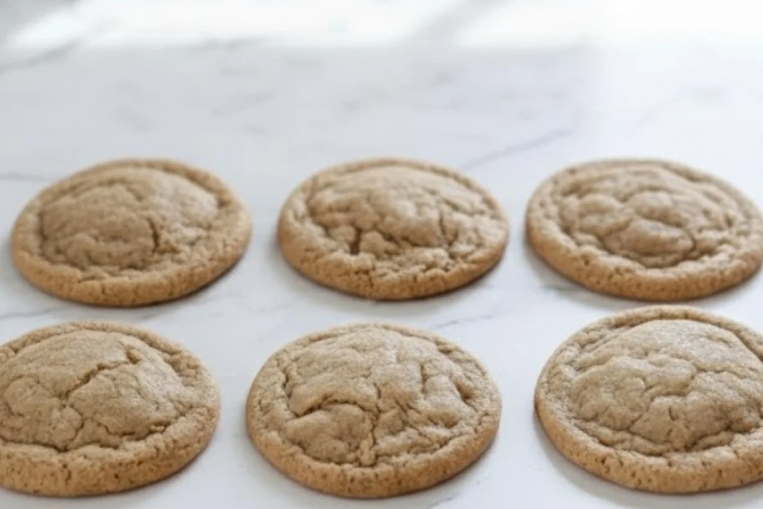 Soft and chewy ginger molasses cookies cooling on a marble countertop