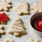 cut out sugar cookie dough shapes with red icing bowl on marble surface