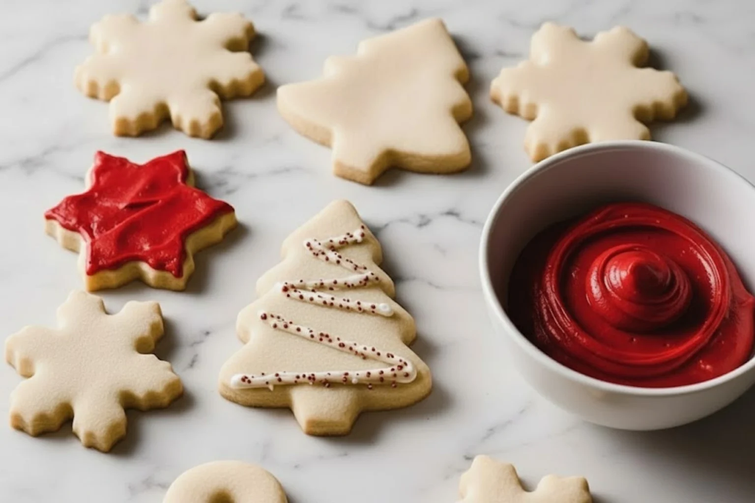 cut out sugar cookie dough shapes with red icing bowl on marble surface