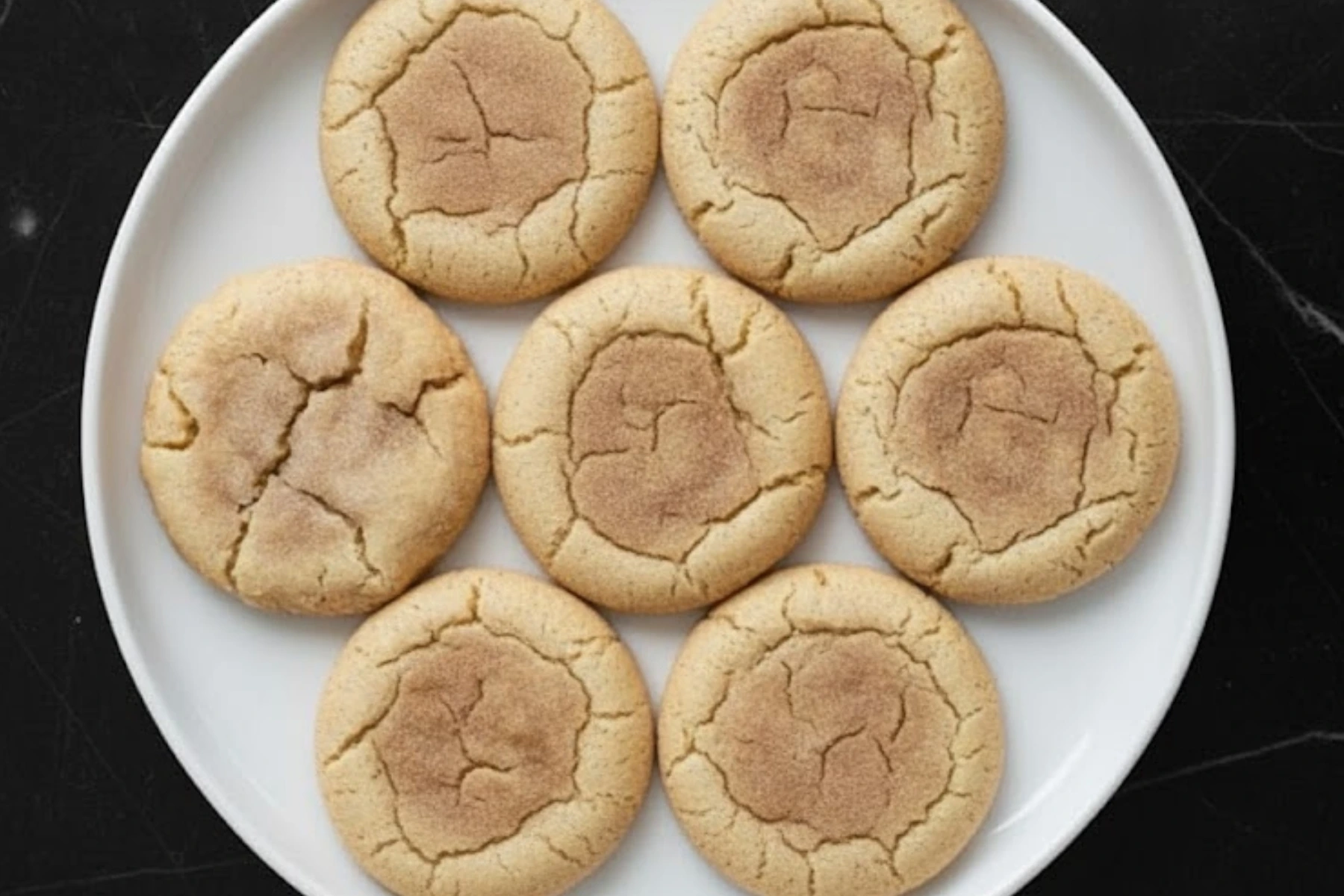 Chewy cinnamon sugar cookies on a white plate showing soft centers and cracked edges