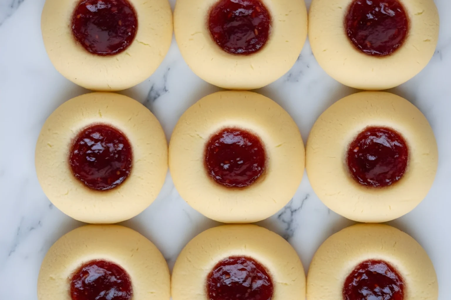 raspberry shortbread thumbprint cookies with smooth buttery dough and bright red jam centers arranged neatly on a marble surface