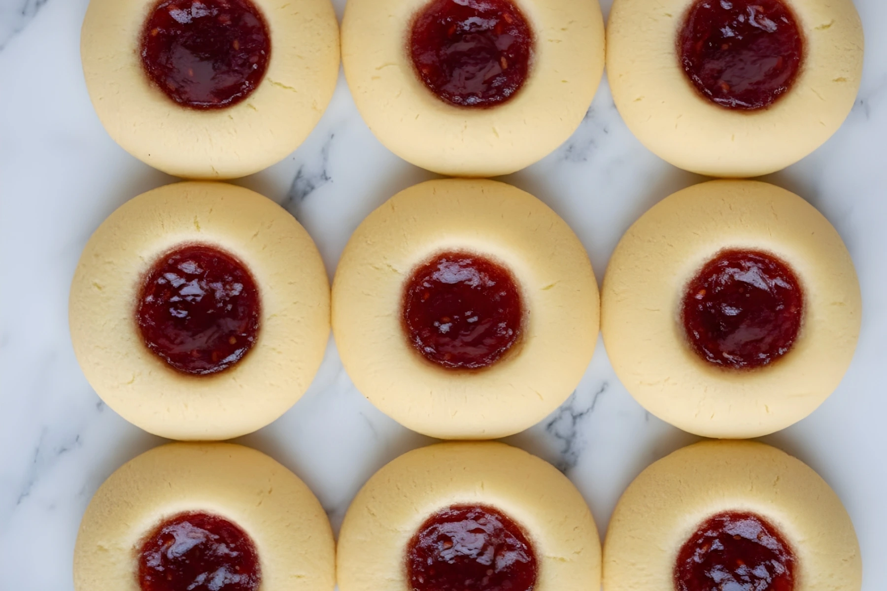 raspberry shortbread thumbprint cookies with smooth buttery dough and bright red jam centers arranged neatly on a marble surface