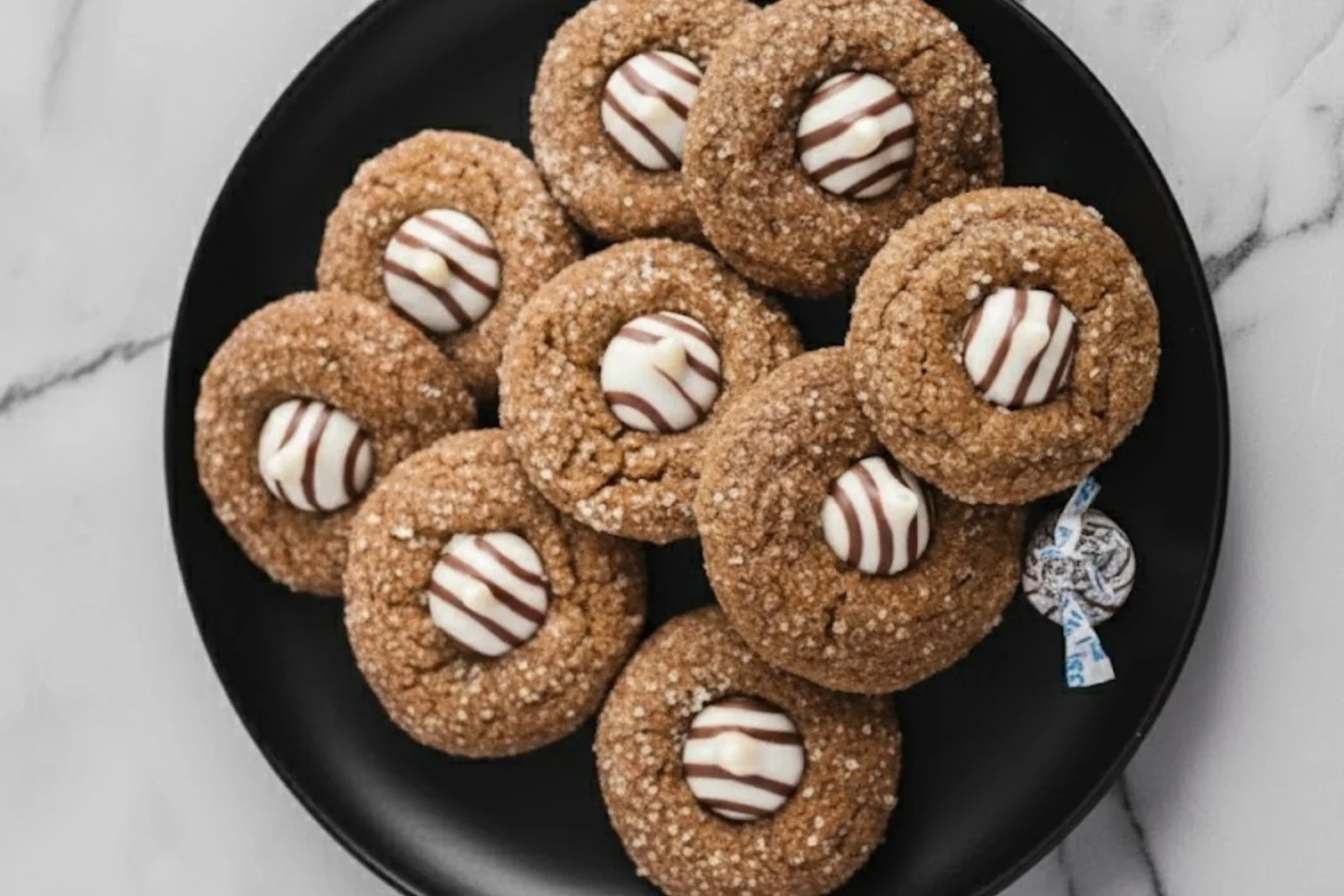 Christmas Kitchen Sink Cookies topped with striped chocolate kisses on a black plate