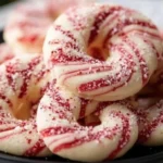 Candy cane cookies with red and white swirled dough, sprinkled with sugar, stacked on a black plate.