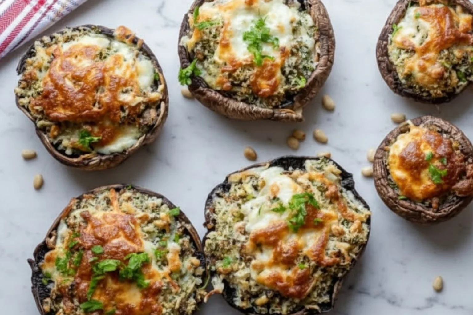 Best Vegetarian Stuffed Mushrooms with golden melted cheese and herb breadcrumb filling baked to perfection on a marble surface