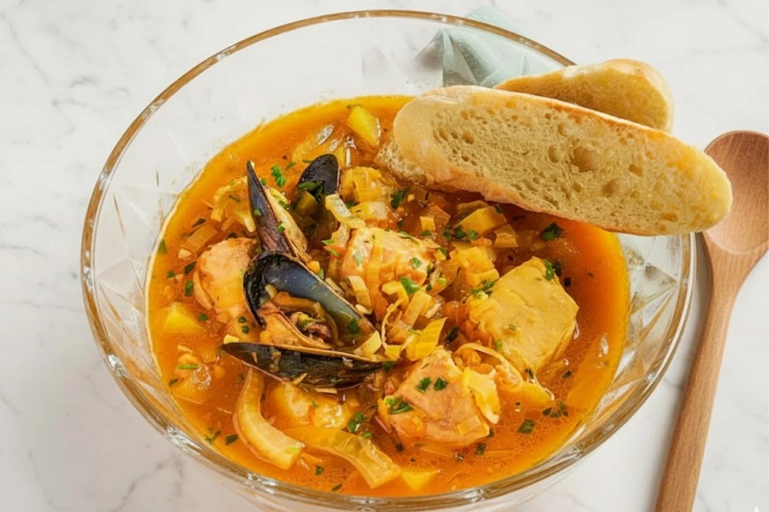 A bowl of Weeknight Bouillabaisse seafood stew with mussels, white fish, and saffron broth served with toasted baguette slices on a marble table