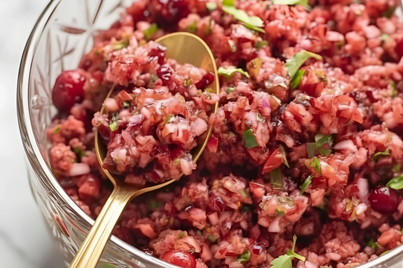 Fresh cranberry salsa in a glass bowl with chopped cranberries, red onion, jalapeño, and cilantro, stirred with a golden spoon.