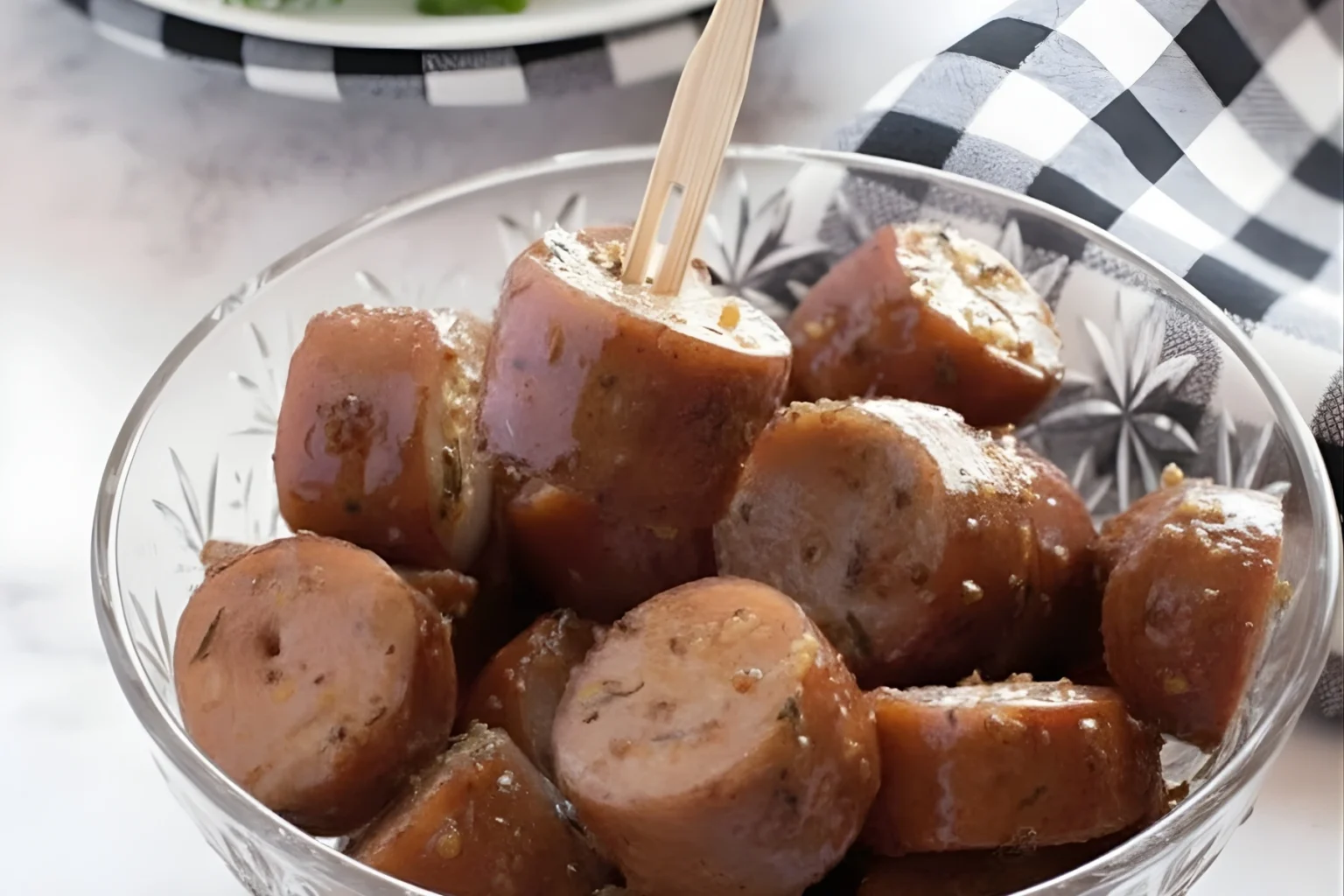 Chicken apple sausage appetizers coated in a maple mustard glaze served in a glass bowl