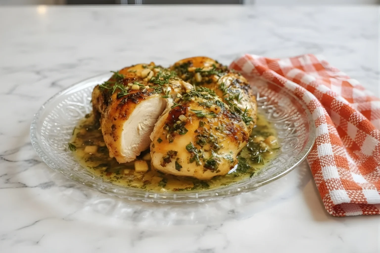 Juicy roasted chicken with garlic herb butter served on a glass plate, garnished with fresh herbs and drizzled with buttery garlic sauce.