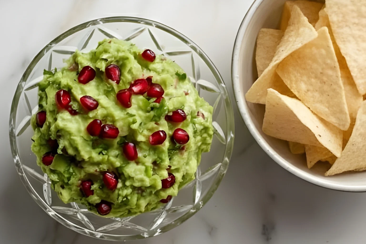 Bowl of fresh pomegranate guacamole topped with red pomegranate seeds served with crispy tortilla chips on a white background.