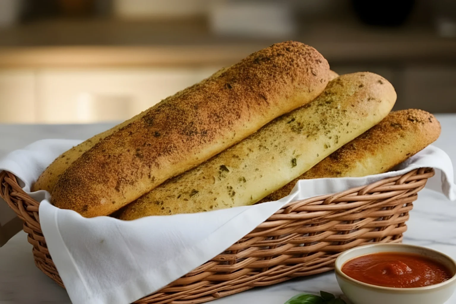 Keto Italian garlic breadsticks in a basket with marinara sauce — golden, cheesy, and gluten-free low-carb breadsticks perfect for family dinners.