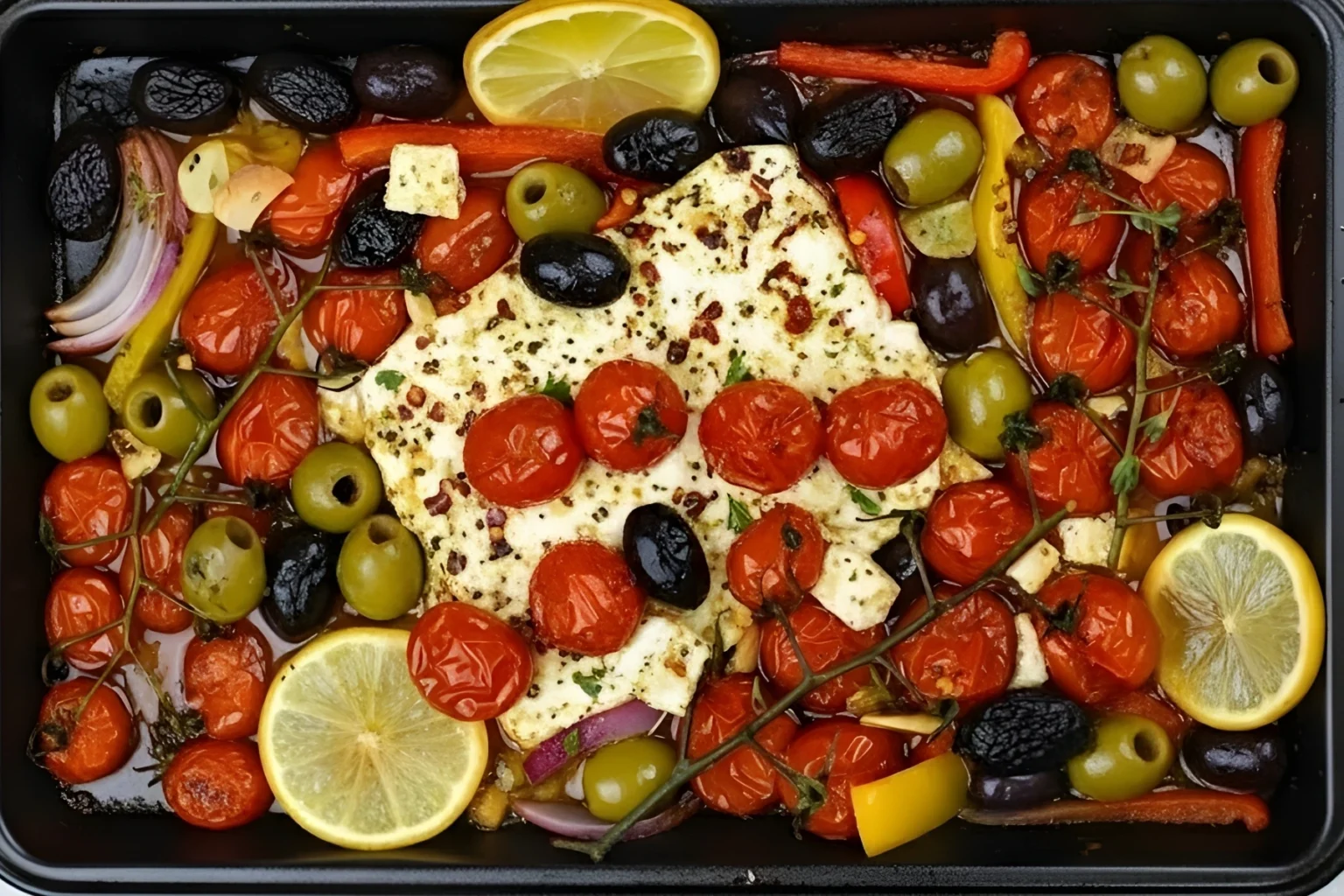 Baked feta with roasted cherry tomatoes, olives, bell peppers, red onions, and lemon slices in olive oil for an easy Mediterranean appetizer.