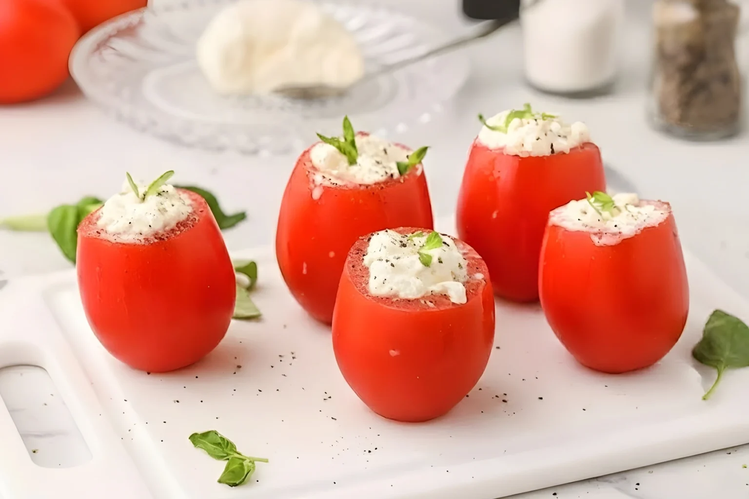 Fresh Roma tomatoes stuffed with creamy burrata cheese, drizzled with olive oil, and topped with basil for easy Tomato Burrata Bites appetizer.