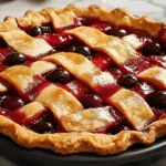 Homemade Best Christmas Cherry Pie with a golden lattice crust and glossy tart cherry filling on a marble countertop