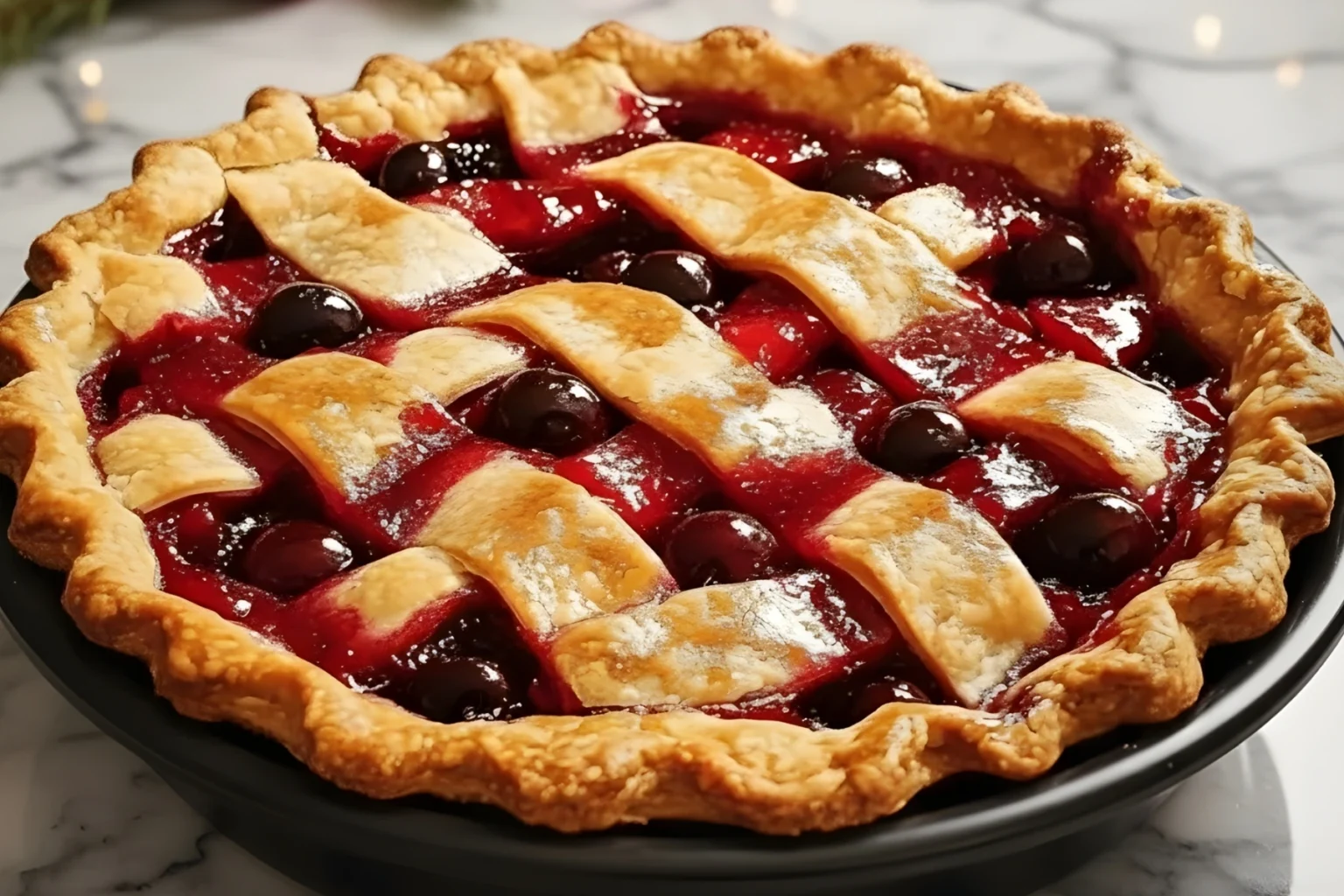 Homemade Best Christmas Cherry Pie with a golden lattice crust and glossy tart cherry filling on a marble countertop