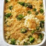 Cheesy broccoli rice casserole topped with golden breadcrumbs baked in a white dish on a marble counter.