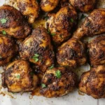 Spicy Harissa Roasted Chicken Thighs with crispy skin baked to golden perfection on a sheet pan, garnished with fresh herbs.