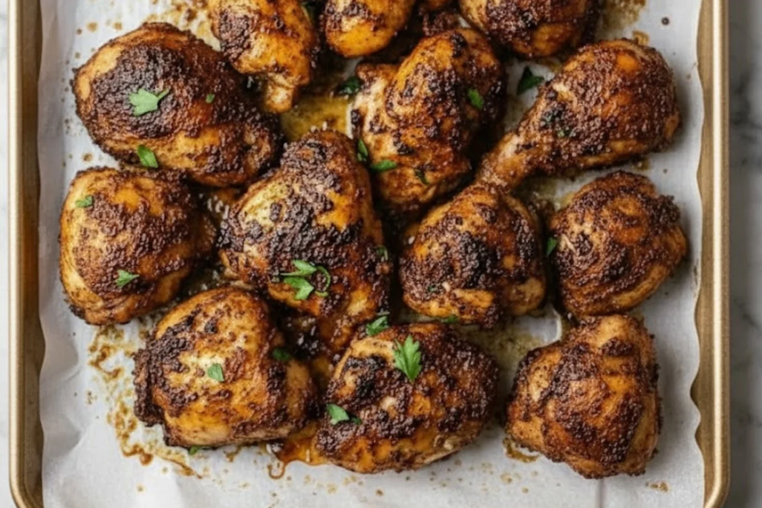 Spicy Harissa Roasted Chicken Thighs with crispy skin baked to golden perfection on a sheet pan, garnished with fresh herbs.