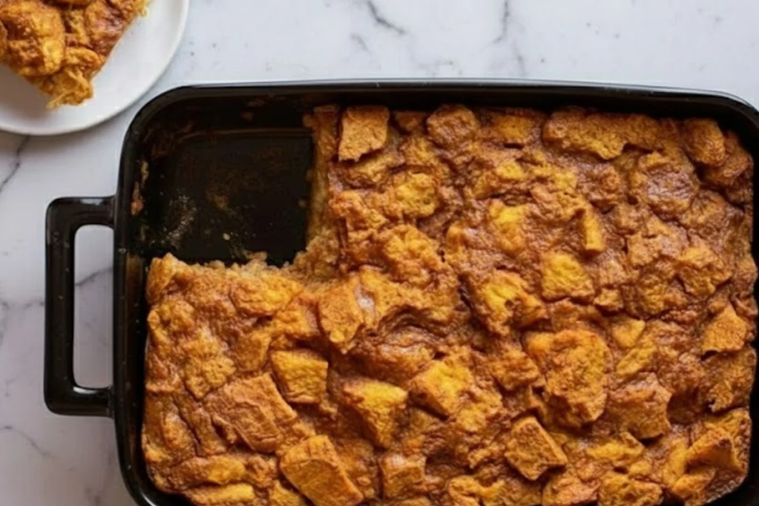 Freshly baked pumpkin bread pudding in a black pan with one slice served on a white plate on a marble counter