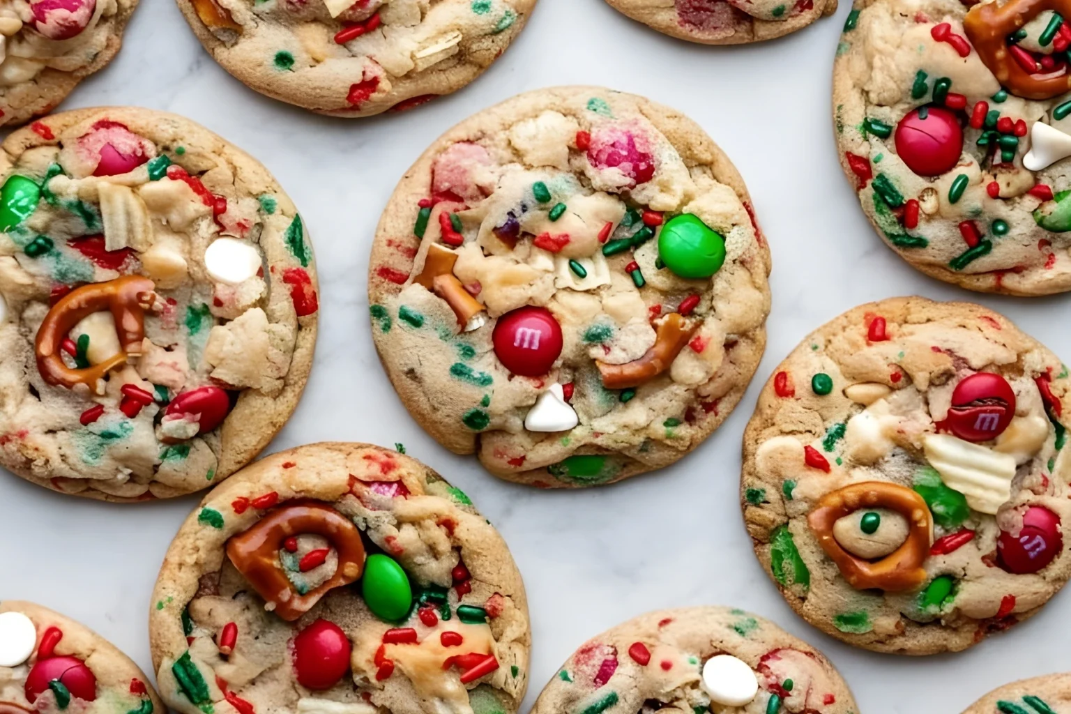Christmas Kitchen Sink Cookies with M&M’s, Pretzels, Sprinkles, and White Chocolate Chips