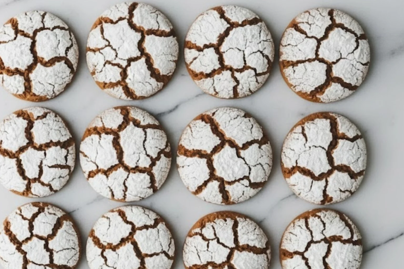 Soft gingerbread crinkle cookies with powdered sugar tops arranged on a marble surface showing deep, festive cracks.