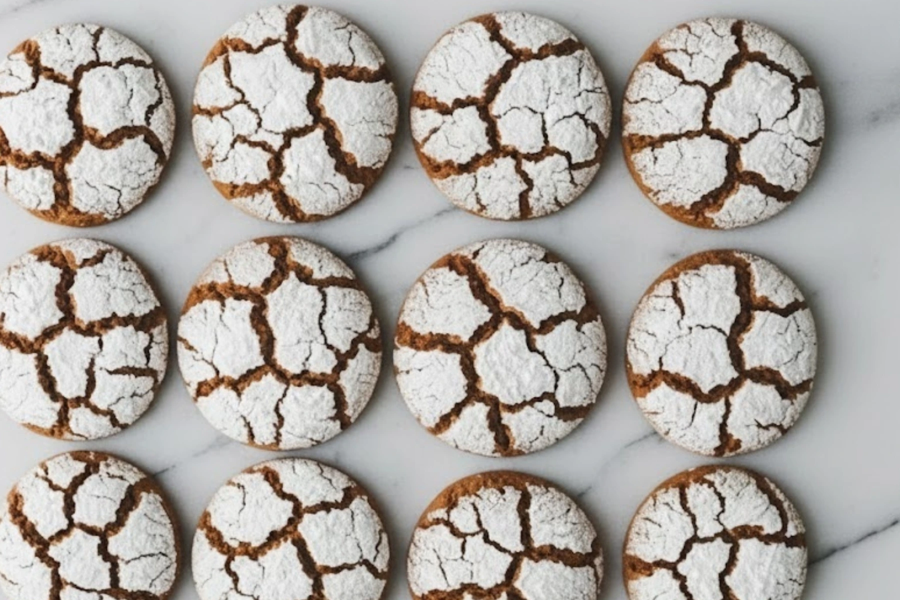 Soft gingerbread crinkle cookies with powdered sugar tops arranged on a marble surface showing deep, festive cracks.