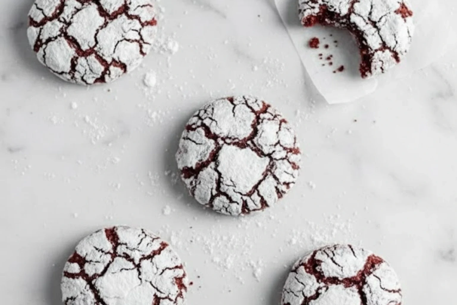 Red velvet crinkle cookies coated in powdered sugar on a marble surface, soft and fudgy with crackled tops and rich cocoa flavor