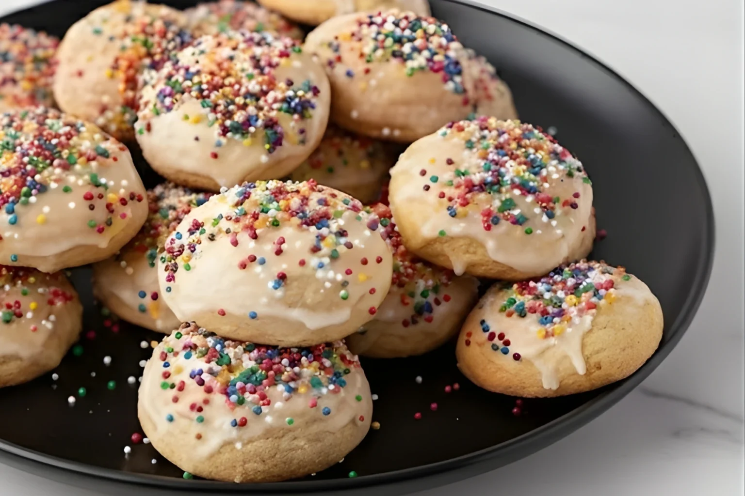 Italian Ricotta Cookies topped with almond glaze and colorful sprinkles on a black plate.