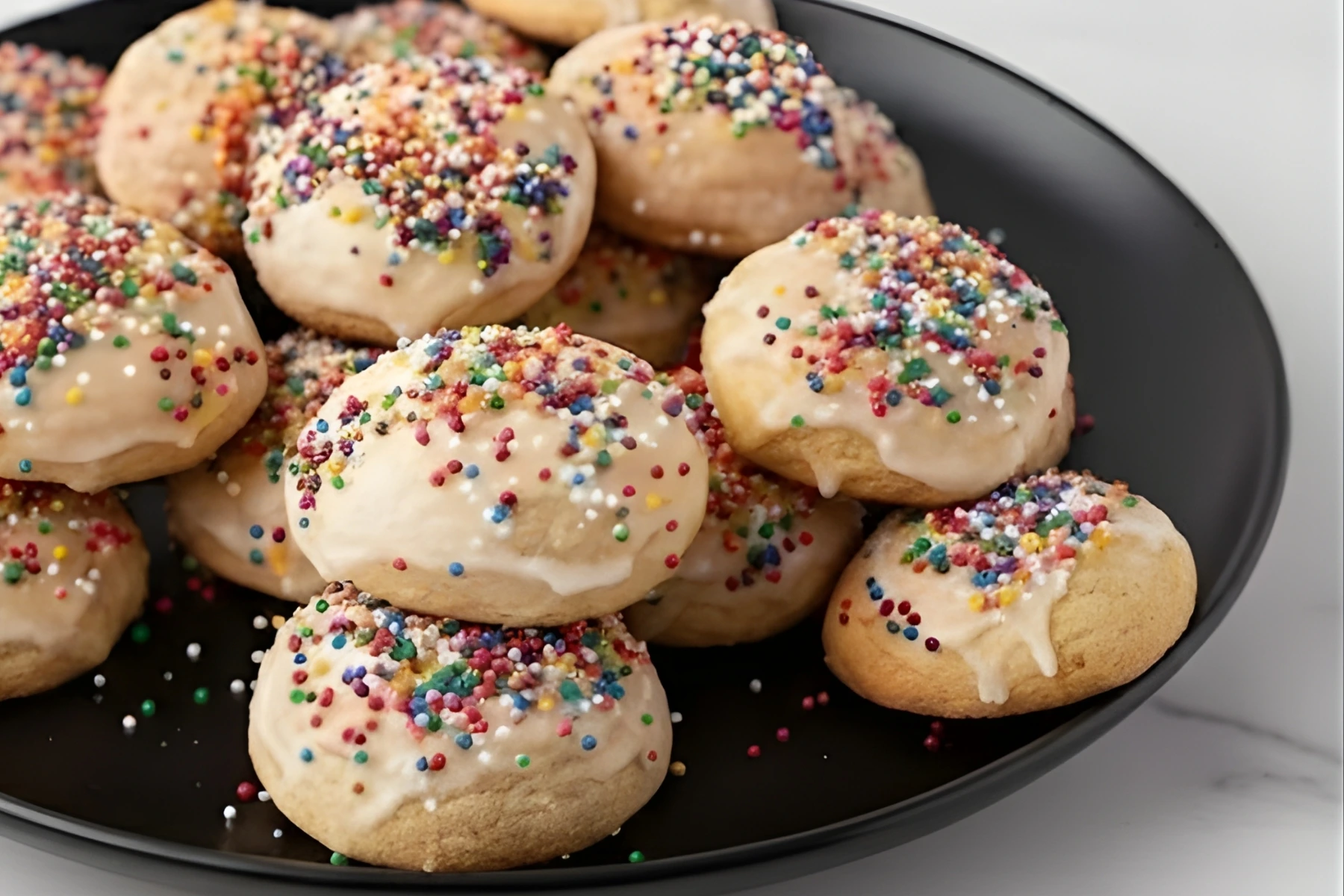 Italian Ricotta Cookies topped with almond glaze and colorful sprinkles on a black plate.