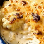 Creamy cauliflower cheese baked with golden bubbly cheddar topping in a skillet