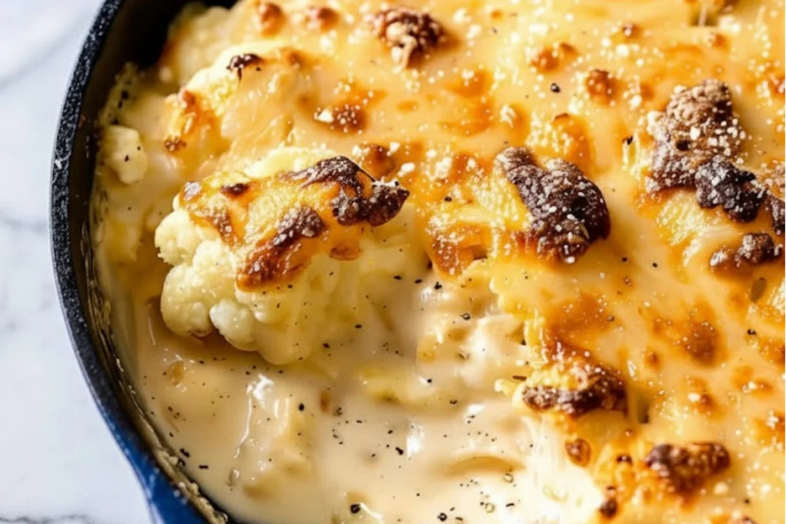 Creamy cauliflower cheese baked with golden bubbly cheddar topping in a skillet