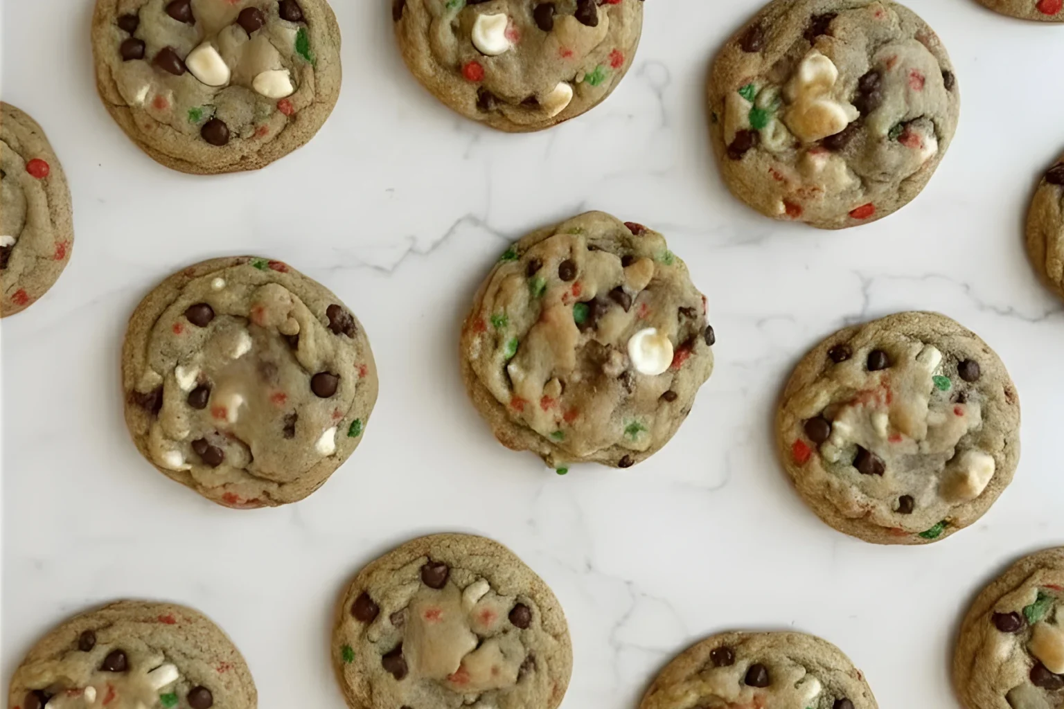 Soft Christmas chocolate chip cookies with white chocolate chips and red and green sprinkles arranged on a white marble surface.