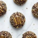 Overhead view of Turtle Thumbprint Cookies with caramel centers and chocolate drizzle on a marble surface