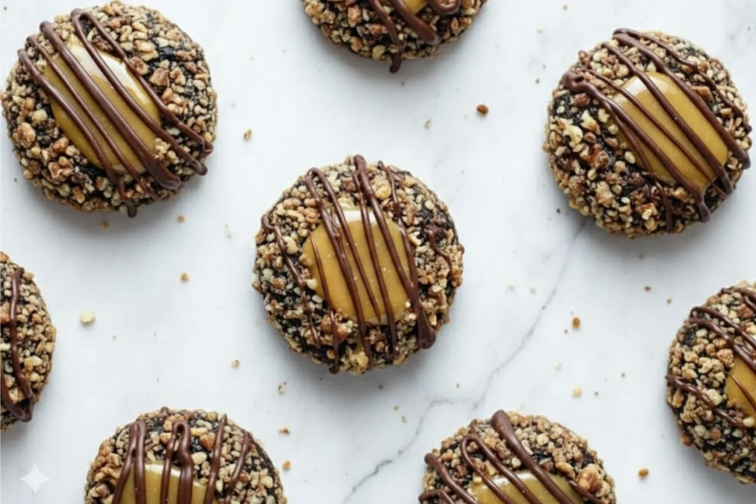Overhead view of Turtle Thumbprint Cookies with caramel centers and chocolate drizzle on a marble surface