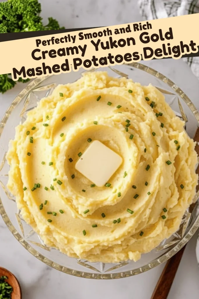 Perfectly smooth and rich Creamy Yukon Gold Mashed Potatoes Delight topped with butter and chives in a glass bowl