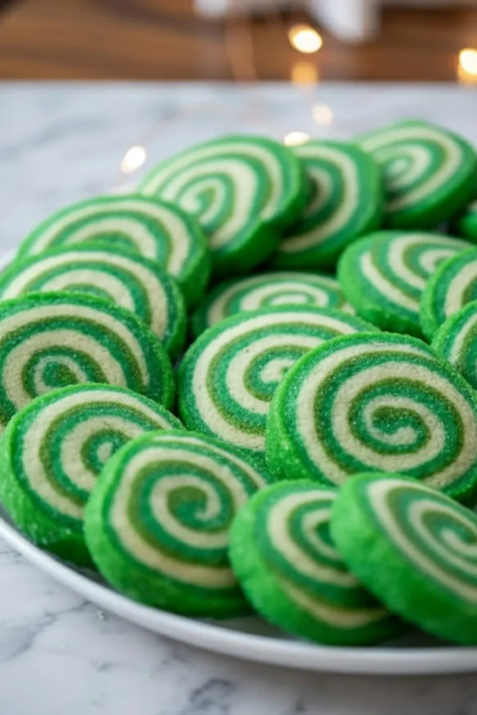 Plate of green Christmas Pinwheel Cookies with white swirls on marble countertop.
