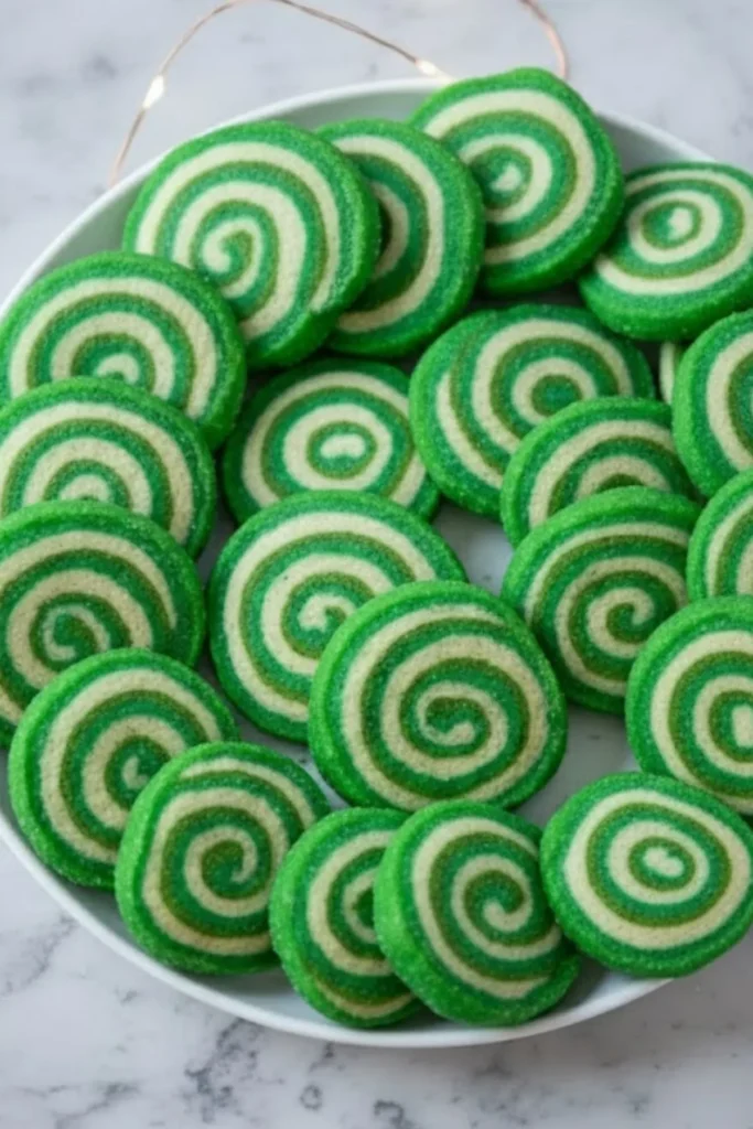Plate of festive green and white Christmas Pinwheel Cookies arranged on marble background.