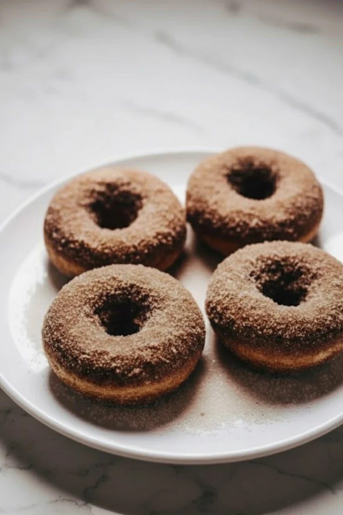 Freshly baked apple cider donuts coated in cinnamon sugar on a white plate, perfect for fall mornings and cozy baking moments.